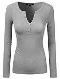 Doublju Womens Sexy Deep V-Neck Thin Ribbed Henley T-Shirt
