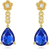 RIKELUS 10K Solid Gold Sapphire Dangle Earrings for Women, Teardrop Created Sapphire Drop Studs Birthstone Gemstone Anniversary Birthday Mother's Day Earrings Gifts for Mom Her Wife