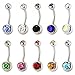 JEWELRIESHOP 10Pcs Stainless Steel Belly Button Ring, Sparkly Crystals Body Jewelry Piercing Ring Set