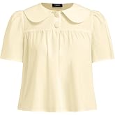 CIDER Peter Pan Collar Boxy Shirt Blouse for Women Going Out Tops Short Sleeve Shirt Solid Casual Summer Tops