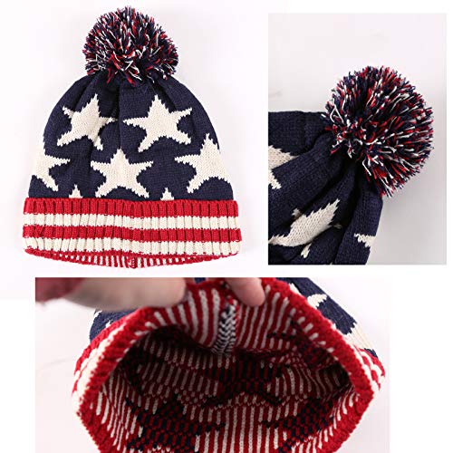 Delila Winter Knitted Pom Beanies Warm Patriotic Skull Cap for Women Men Acrylic Slouchy Ribbed Hat
