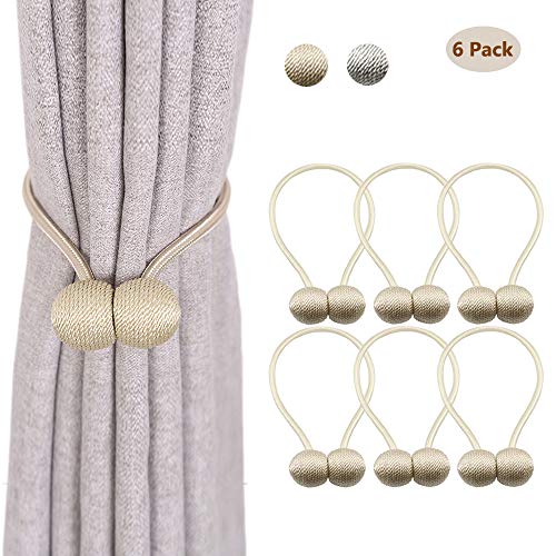 LED Bright Life 6 Pack Magnetic Curtain Tiebacks,The Most Convenient Woven Texture Rope Drape Tie Backs, Decorative Holdback Holder for Window Sheer Blackout Home Office,16 Inch (Beige)