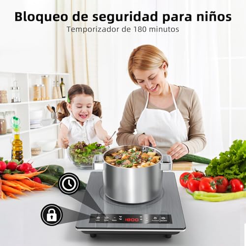 VBGK Portable Induction Hob, 1800W Portable Vitro, 10 Heating Levels, Adjustable Power and Temperature, Timer, Child Lock, Touch Controls, Easy Cleaning