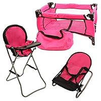 Mommy & Me 3 In 1 Baby Doll Accessories Mega Deluxe Playset with Doll High Chair, Doll Bouncer, and Doll Pack N Play Baby Doll Crib, Fits 18 Inch American Girl Doll, Pink