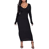 BestGirl Women's Sexy Ribbed Sweater Dresses Bodycon V Neck Off Shoulder Long Sleeve Lightweight Knit Midi Dress
