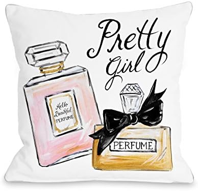 One Bella Casa Pretty Girl Perfume Black Bow/Black Quilted Throw Pillow w/Zipper, 18"x 18"