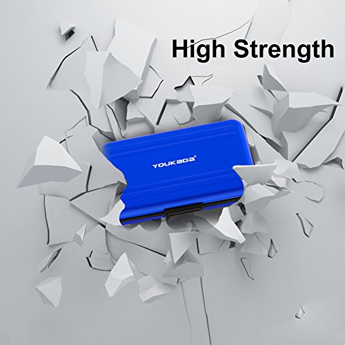 YOUKADA Metal Memory Card Case Holder Water-Resistant Pocket-Sized SD Holder for 8 SD Cards & 8 Micro SD Cards (2 Pack-Blue)