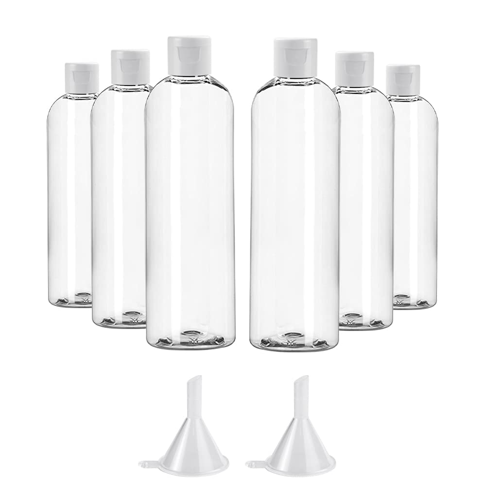 BUZIFU 6 Pcs Plastic Bottles 100ML Empty Travel Bottles Flip Cap Bottles Cosmetic Bottle Transparent Containers Air Flight Travel Containers Set with 2 Pcs Small Funnel for Travels Cosmetic - Clear