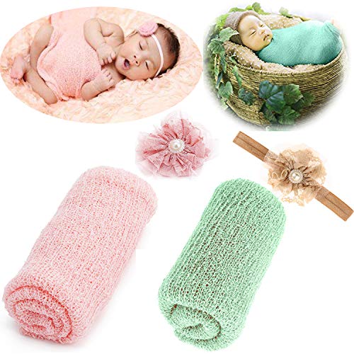 Newborn Baby Photography Props - Long Ripple Wrap Blanket and Lace Beads Headband (OneSize, Pink+Green)