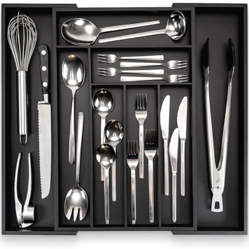 budu Besteckkasten #47 (Tiefe 47cm) aus Bambus - Schwarz - Schubladen Ordnungssystem für die Küche - Ausziehbar - Kitchen drawer organizer