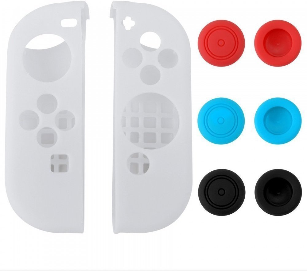 8 in 1 Silicone Protective Skin Soft Shell Case with Thumbsticks Grips Caps Cover for Switch Controller Skin White