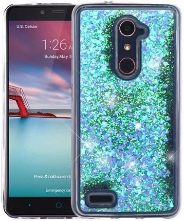 ZTE BLADE X MAX / ZTE ZMAX PRO Case, Casey Case, [Sparkle Bling] [Flowing Liquid Quicksand Glitter Sand] Protective Hybrid TPU Bumper Back Cover (Hearts - Blue)