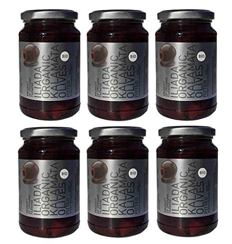 6 Gläser BIO Kalamata aus Griechenland ohne Kern je 370g (180g Abtropfgewicht) schwarze Oliven Iliada organic olives 6er Spar