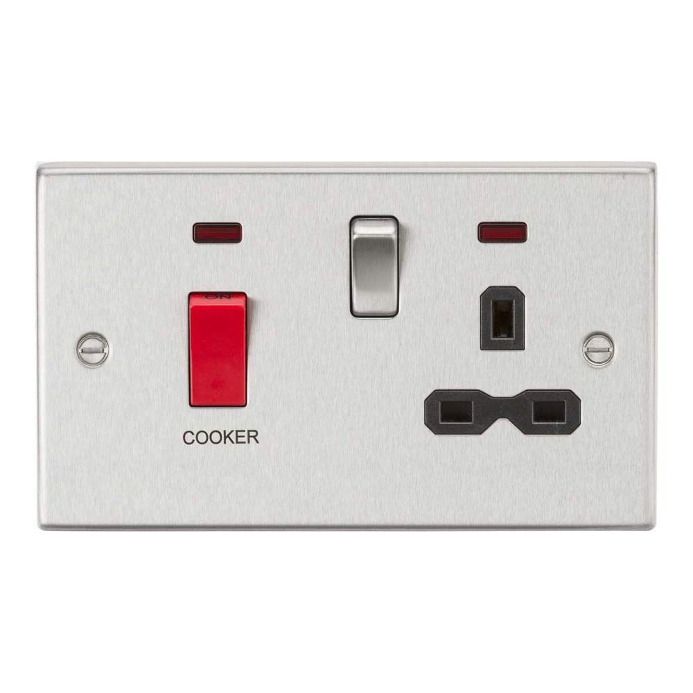 Knightsbridge CS83BC 45A DP Cooker Switch & 13A Switched Socket with Neons & Black Insert - Square Edge Brushed Chrome