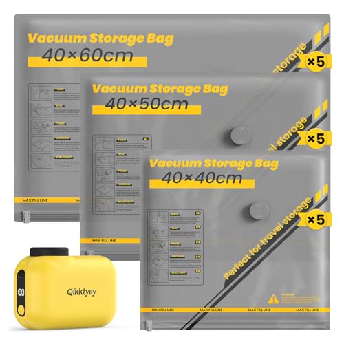 Vacuum Bag with Wireless Pump, 15 Pieces Compression Travel Bags (5 x 40 x 40 cm, 5 x 40 x 50 cm, 5 x 40 x 60 cm), Save 80% Space, Suitable for Travel Suitcases and Home Storage