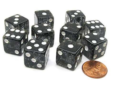 Set of 10 D6 16mm Glitter Dice - Black with White Pips
