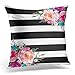Emvency Decorative Throw Pillow Cover Queen Size 20x30 Inches Trendy Pink Watercolor Floral Black White Stripe Outdoor Pillowcase with Hidden Zipper Decor Cushion Gift for Holiday Sofa Bed