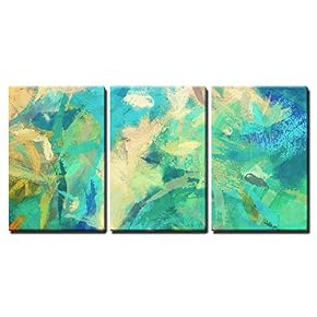 3 Piece Canvas Wall Art - Art Abstract Painted Background with Green, Blue and Orange Blots - Modern Home Art Stretched and Framed Ready to Hang - 16"x24"x3 Panels