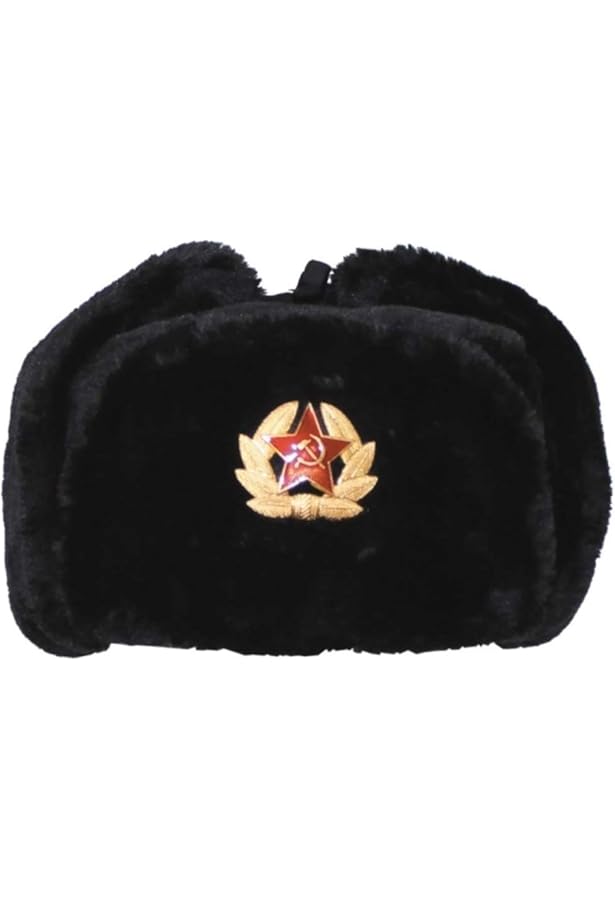 Chapeau Ushanka Soviétique En Fausse Fourrure - Noir, Taille XL (61), Style Militaire Russe, étoile Rouge