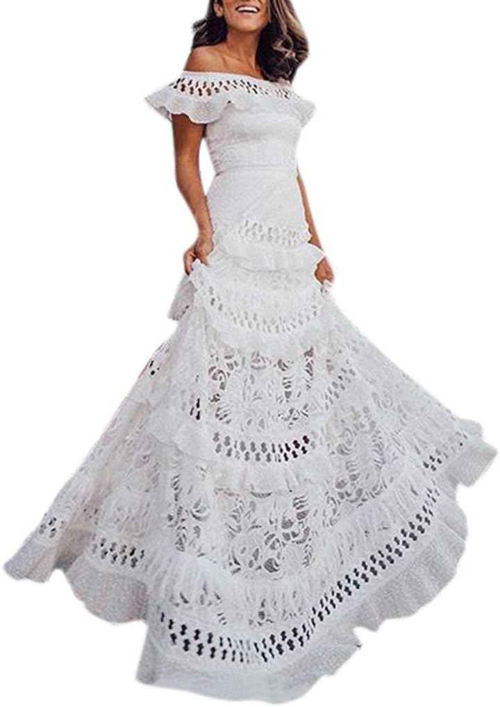 NANTE Top Women's Dress Lace Hollow Out Long Dresses Solid Slash-Neck Evening Length Skirt Womens Gown Sundress