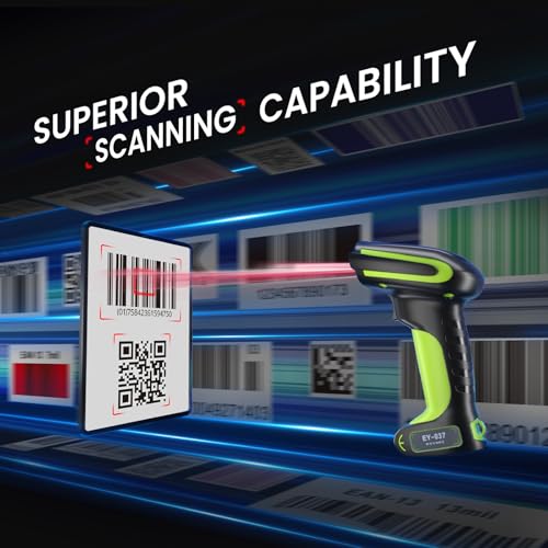 Eyoyo 2D QR Industrial Barcode Scanner with Wireless Charging Stand, Rugged Heavy Duty & IP65 Waterproof 3-in-1 Bluetooth & Wireless & USB Hands-Free Barcode Reader for Laptop Desktop Tablet Android