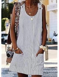 BTFBM - Vestido corto de verano para mujer, sin mangas, con botones, a rayas, con dos bolsillos frontales