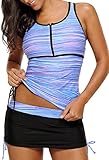 Aleumdr Womens Zip Front Printed Racerback Tankini Swimsuits with Pantyskirt S - XXXL