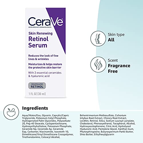CERAVE ANTI AGING RETINOL SERUM FOR FACE, ENCAPSULATED RETINOL WITH HYALURONIC ACID, NIACINAMIDE & CERAMIDES, SMOOTHS WRINKLES & FINE LINES, GENTLE SKIN BRIGHTENING SERUM, FRAGRANCE FREE, 1 OZ