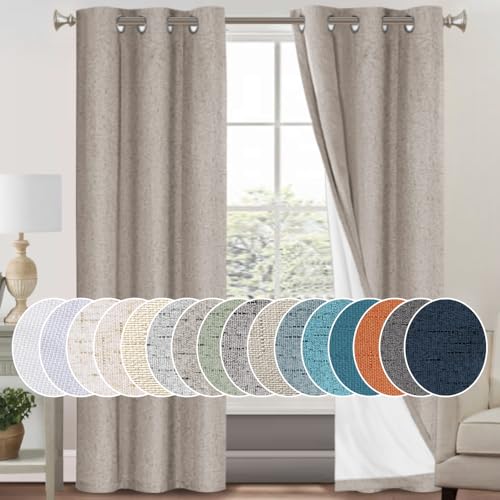 Primitive Textured Linen 100% Blackout Curtains for Bedroom/Living Room Energy Saving Window Treatment Curtain Drapes, Burlap Fabric with White Thermal Insulated Liner (2 Panels, 42 x 84 Inch, Taupe)