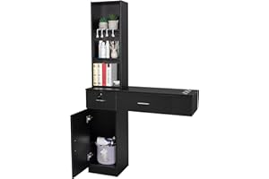 OmySalon Wall Mount Barber Stations, Salon Stations for Hair Stylist, Hair Styling Equipement Set with a Storage Cabinet, 2 Drawers and a 3 Tier Shelf (Black)