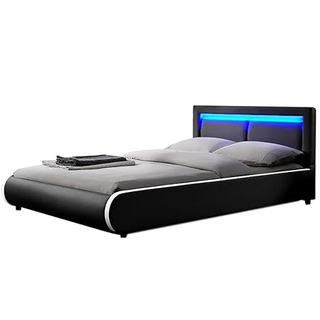 Juskys Polsterbett „Murcia“ – 140 × 200 cm - Schwarz – Bettgestell mit LED-Beleuchtung, Lattenrost & Kunstleder | ArtLife
