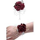 Flonding Rose Wedding Wrist Corsage and Boutonniere Set Party Prom Hand Ribbon Flower Suit Decor (Wine Red)