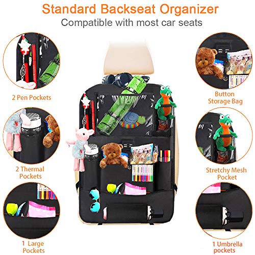 Car Backseat Organizer for Kids,Car Organizer Kick Mats Seat Back Protectors with Clear 10" Tablet Holder + 4 USB Charging Port Multi-use Storage Pockets for Baby Vehicles Travel Accessories(2 Pack)