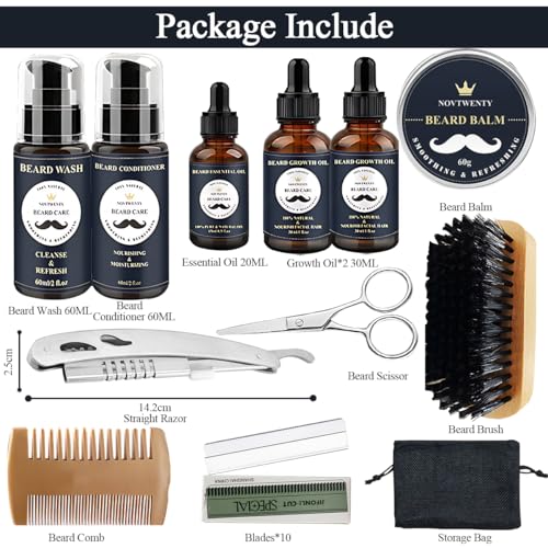 Azulmart Beard Growth Kit 12Pcs, Beard Care Beard Grooming Set Include 2Pack Beard Wash, Beard Oil, Beard Conditioner, Brush Comb, Mustache Scissors, Balm Storage Bag Gift for Boyfriend Husband Father