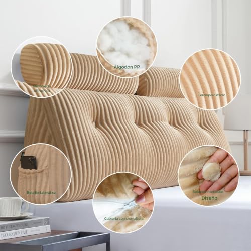 Z-hom Book Cushion, Wedge, Reading Cushion for Bed and Sofa, Back Cushion, Practical Side Compartment, Removable Cover, with Round Pillow (Beige, 200 x 50 x 20 cm)