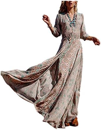 ARJOSA Women’s Chiffon Floral Prints Deep V Neck 3/4 Sleeve Summer Beach Maxi Dress (S)