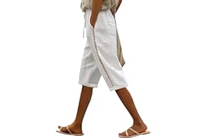 Puimentiua Women Linen Shorts Casual Knee Length Bermuda Shorts with Hollow Side Summer Beach Lightweight Capri Pants