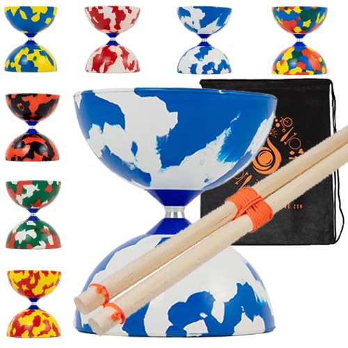 Juggle Dream Jester Diabolo Set with Wood Sticks - Pro Medium Rubber Diablo Set With Wooden Handsticks and Cascade Carry Bag (Blue and White)