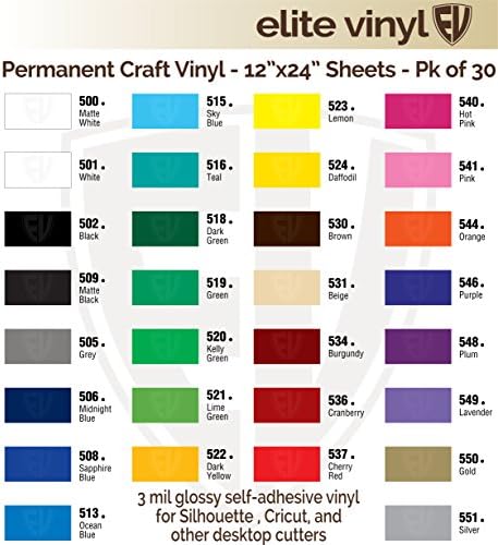 30 Sheet Pack 12"x24" Glossy Craft Vinyl for CraftROBO, Silhouette, CriCut, and Similar Cutters- EV241S