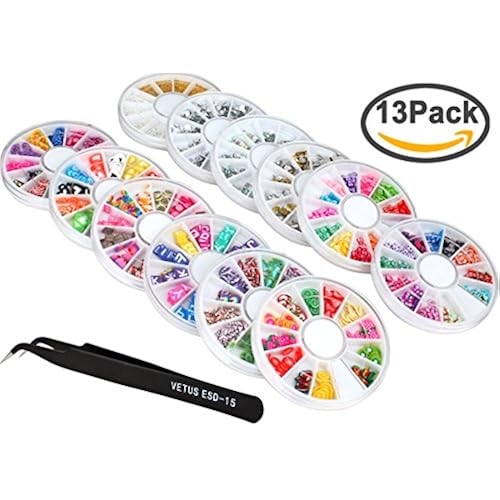 Jaciya 12 Wheel Boxes Slices Nail Art Tools 3D FIMO Fruit Crystal Diamonds Rhinestones Slice Shining DIY Slices Decoration with 1pcs Tweezers