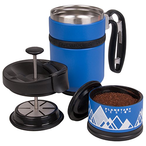 BruTrek Double Shot 3.0 Travel French Press Coffee Mug - Bru-Stop Insulated Stainless Steel Mug with Non-Slip Grip, Mountain Lake, 16 oz Cup