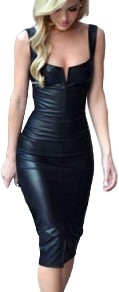 QingJiu Women's Leather Dress Sleeveless Halter Skirt with Buttock wrap Skirt Night Club Dinner Dress Style Dress