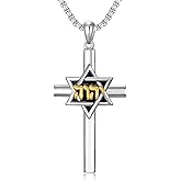 Lattd Star of David Cross Necklace 925 Sterling Silver Megan Jewish Star Pendant with Hebrew Six-Pointed Star Necklaces for Men Women, w/Stainless Steel Chain 22''+2''