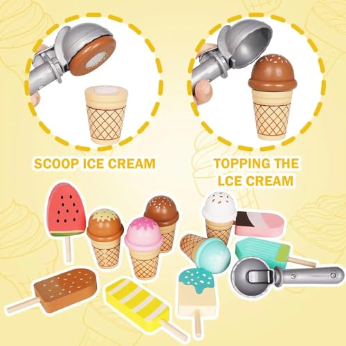 Beauenty Ice Cream Counter Playset for Kids, Montessori Pretend Play Food Toys Kitchen Accessories Wooden Popsicle Set with Scoop & Fake Cash, Ice Cream Shop Toys Toddler Learning Toy for Kids