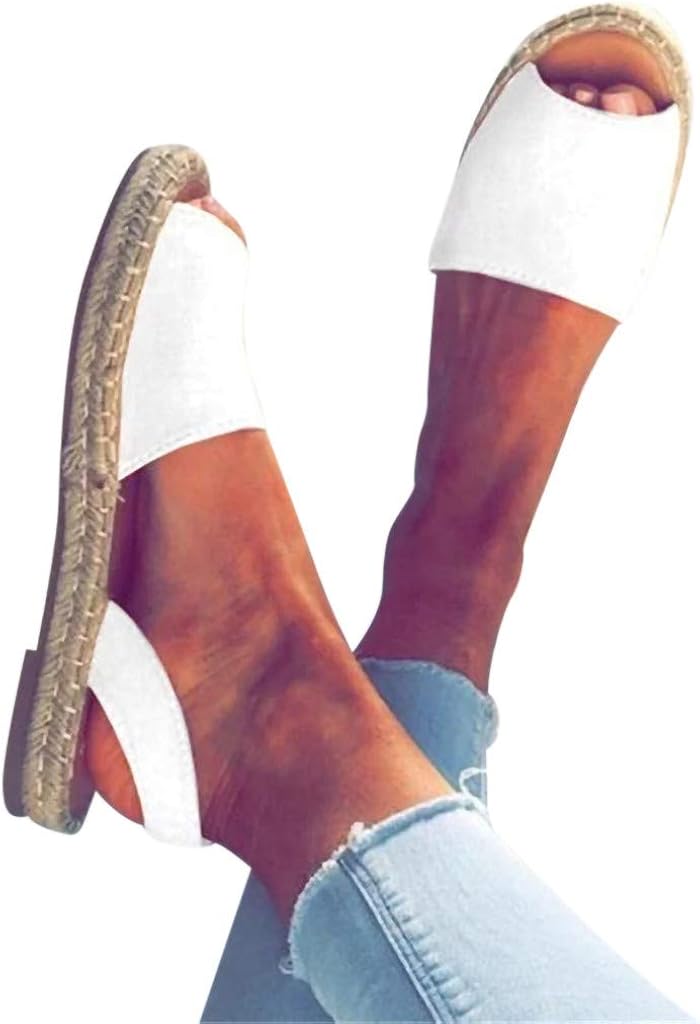 WEISUN Women Flat Sandals Women Ankle Strap Roman Slippers Summer Espadrilles Retro Peep-Toe Sandals Ladies Beach Shoes