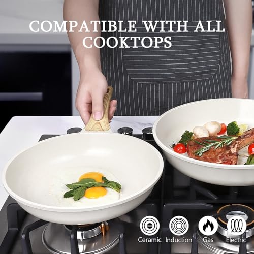 GiPP Nonstick Frying Pan Skillet Set- Ceramic Coating Non Stick Pans, Healthy Non-Stick Fry Pan Omelette Pan Egg Pan, Compatible with All Stoves, Dishwasher Safe, PFOA Free(White, 24CM+26CM+28CM)