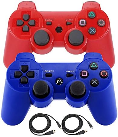 Pofona Bluetooth Wireless Controller For PS3 Double Shock - Bundled with USB charge cord (Red and Blue)