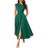 ABKY Formal Dresses for Women One Shoulder Belted Evening Gowns Cocktail Prom Party A Line Wedding Guest Dress with Pockets