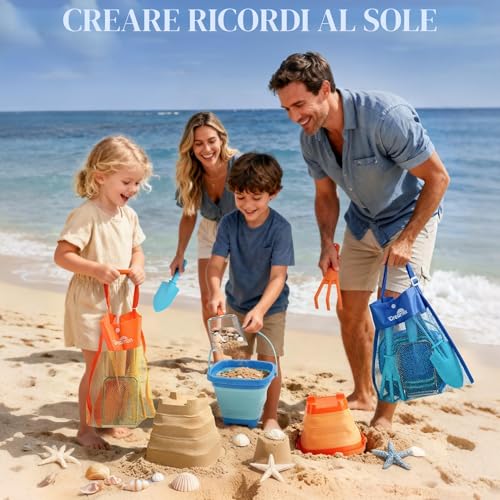 Dreamon Giochi Spiaggia Bambini Set 3 4 5 Anni con Secchiello Spiaggia Bambini Pieghevole Sacco a Rete Setaccio per La Sabbia Pala e Rastrello Giocattoli Regalo Esterno per Bambini e Bambine