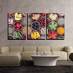 3 Piece Canvas Wall Art - Health and Super Food to Boost Immune System in Wooden Bowls - Modern Home Art Stretched and Framed Ready to Hang - 16"x24"x3 Panels